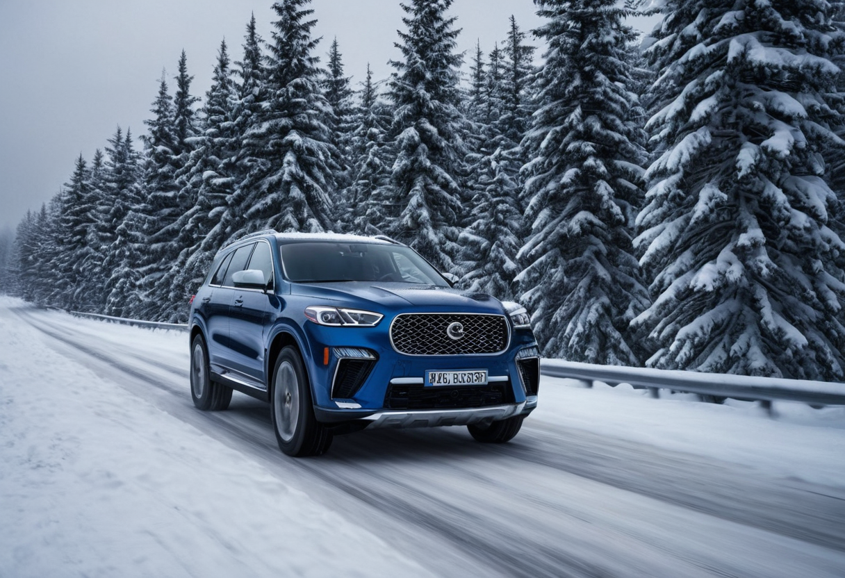 雪道を走る青いSUV