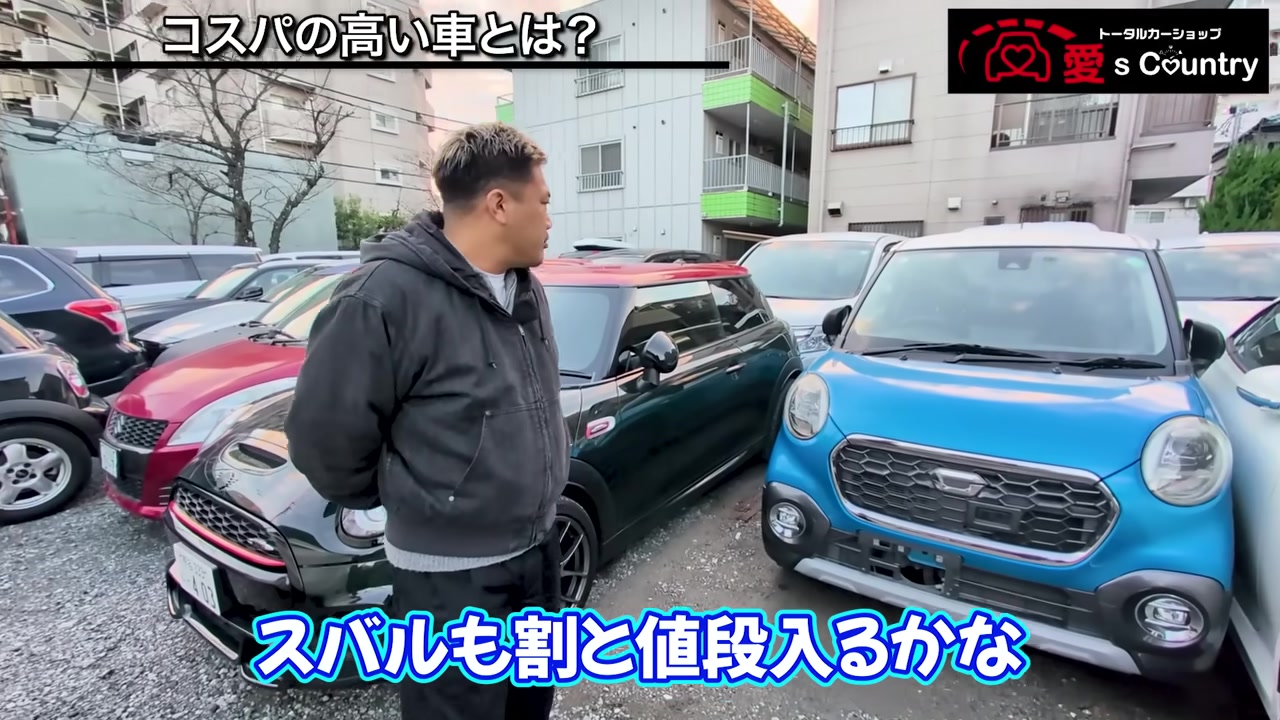 赤いミニと青いダイハツ車が並ぶ店頭