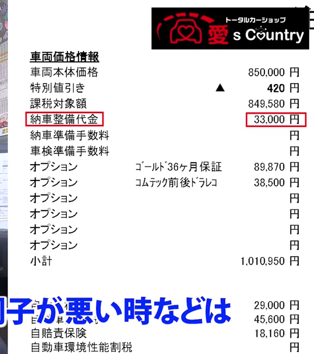 注文書の納車整備代金33,000円が赤枠で示された画面