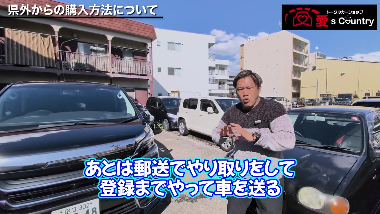 店頭に並ぶ車を背に県外購入の流れを説明する社長