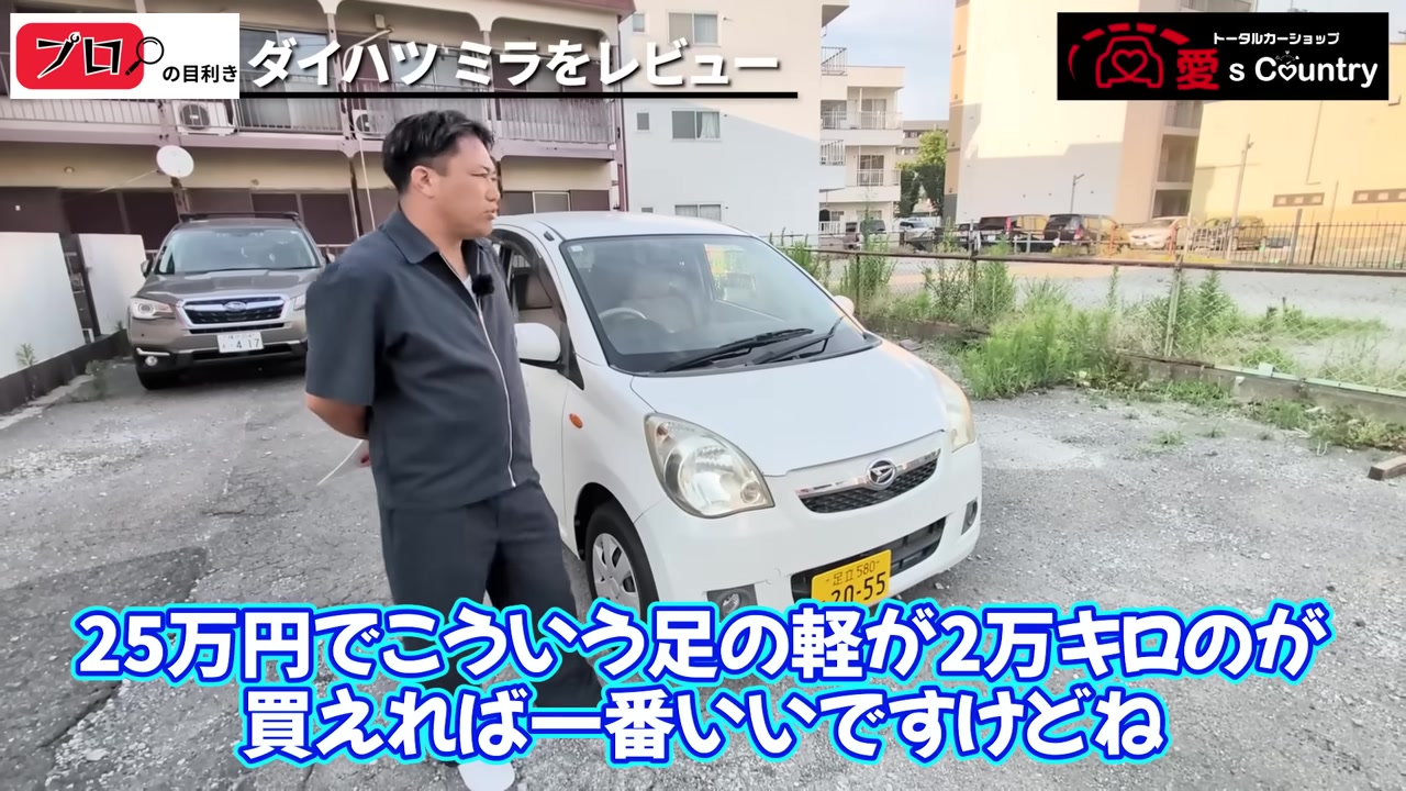 白いダイハツ・ミラの前で説明するくに社長