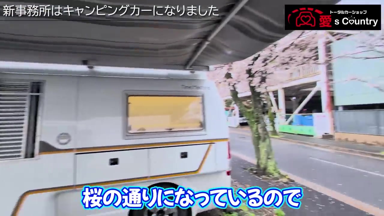 桜並木の通り沿いに停まる白いキャンピングカー